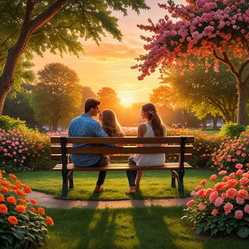 A serene scene showcasing a couple sitting on a park bench, deeply engaged in conversation with soft smiles, surrounded by blooming flowers and lush greenery, symbolizing growth in love. In the background, subtle hints of a sunset casting warm hues, with two intertwined hearts forming in the sky. This vibrant and inviting atmosphere captures the essence of successful romantic relationships. super-realistic. vibrant colors. peaceful setting.