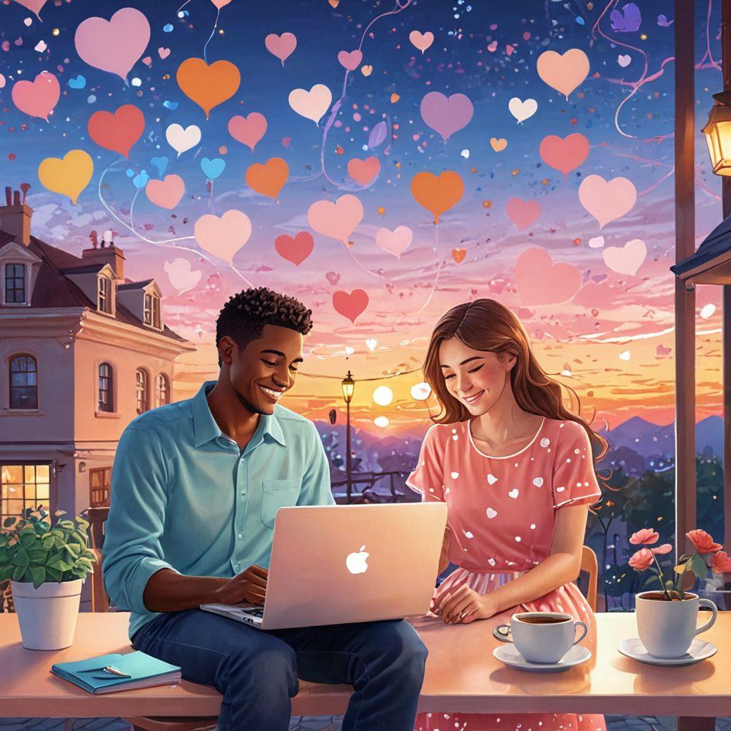 A whimsical digital illustration of a couple engaging in online courtship, surrounded by hearts and digital chat bubbles. The scene captures a warm, inviting atmosphere with soft pastel colors, highlighting the excitement of a blossoming romance online. Include elements like a laptop, smartphones, and playful emojis to symbolize virtual connections. The background features subtle hints of a romantic setting, like a cozy café or a dreamy sunset. vector art. vibrant colors.