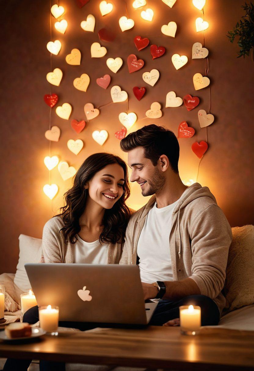 A couple sitting closely together, sharing a laptop while smiling and engaging with romantic messages, surrounded by soft romantic lighting, hearts subtly floating in the air, and a cozy atmosphere with candles and snacks. The background features a warm-colored wall with inspirational quotes about love. super-realistic. warm tones. cozy ambiance.